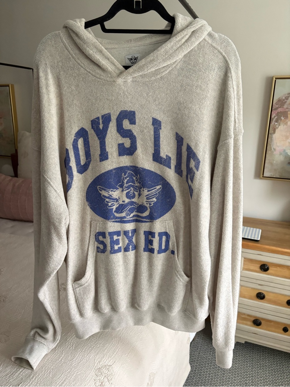 Boys Lie Cream Hooded Sweatshirt with Blue Graphic